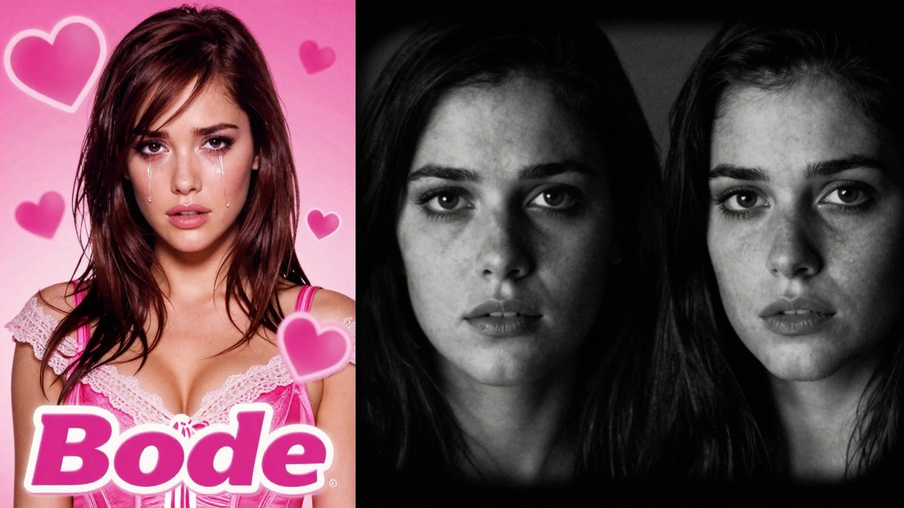 Split-screen: outdated pink marketing vs. authentic black-and-white film still, high-contrast photography.