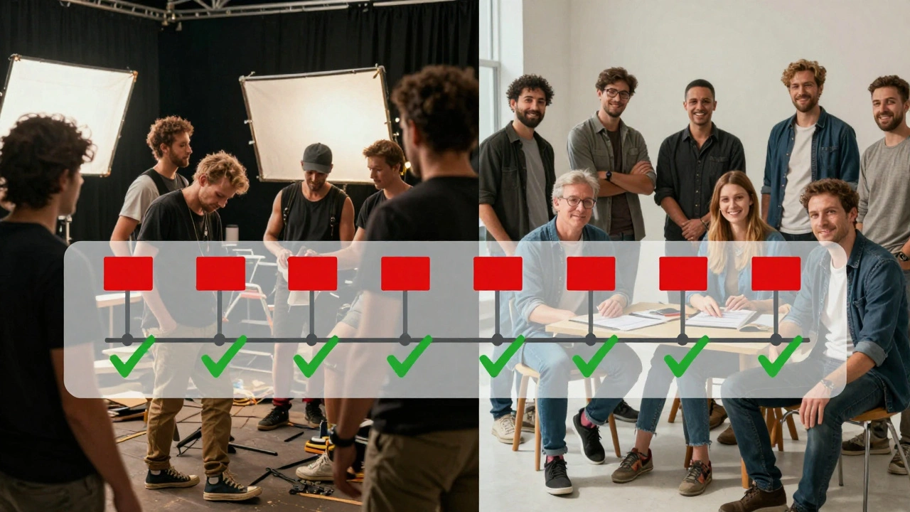 Split-screen showing chaotic film production on one side and organized, healthy workflow on the other.