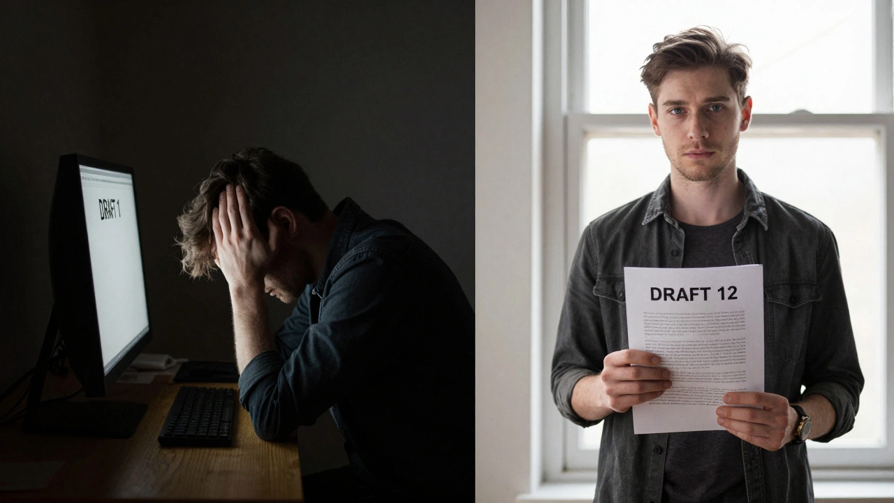 Split view of a writer frustrated at Draft 1 versus confident holding Draft 12, symbolizing growth through rewriting.