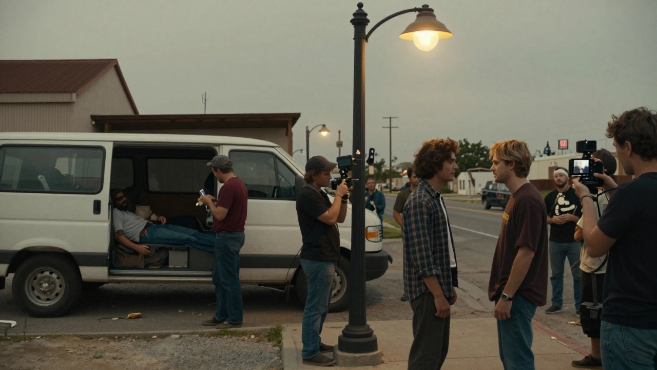 Split view of low-budget film crews from 1992 and 2015, both using simple tools.