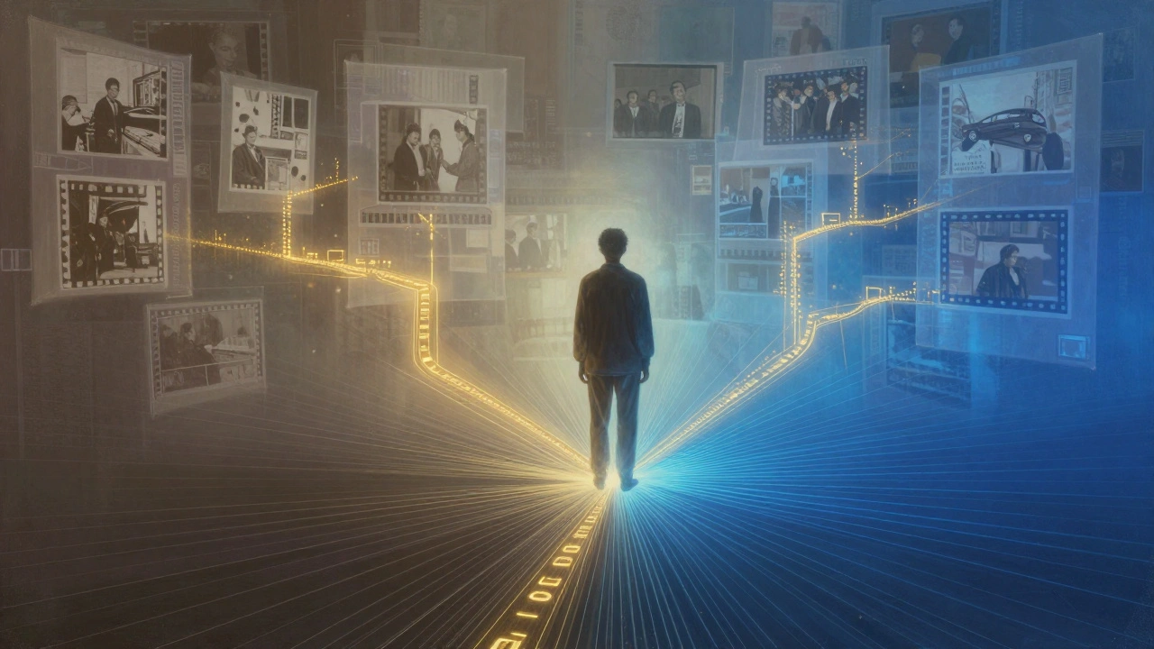 Surreal art showing branching film timelines meeting at a central figure.