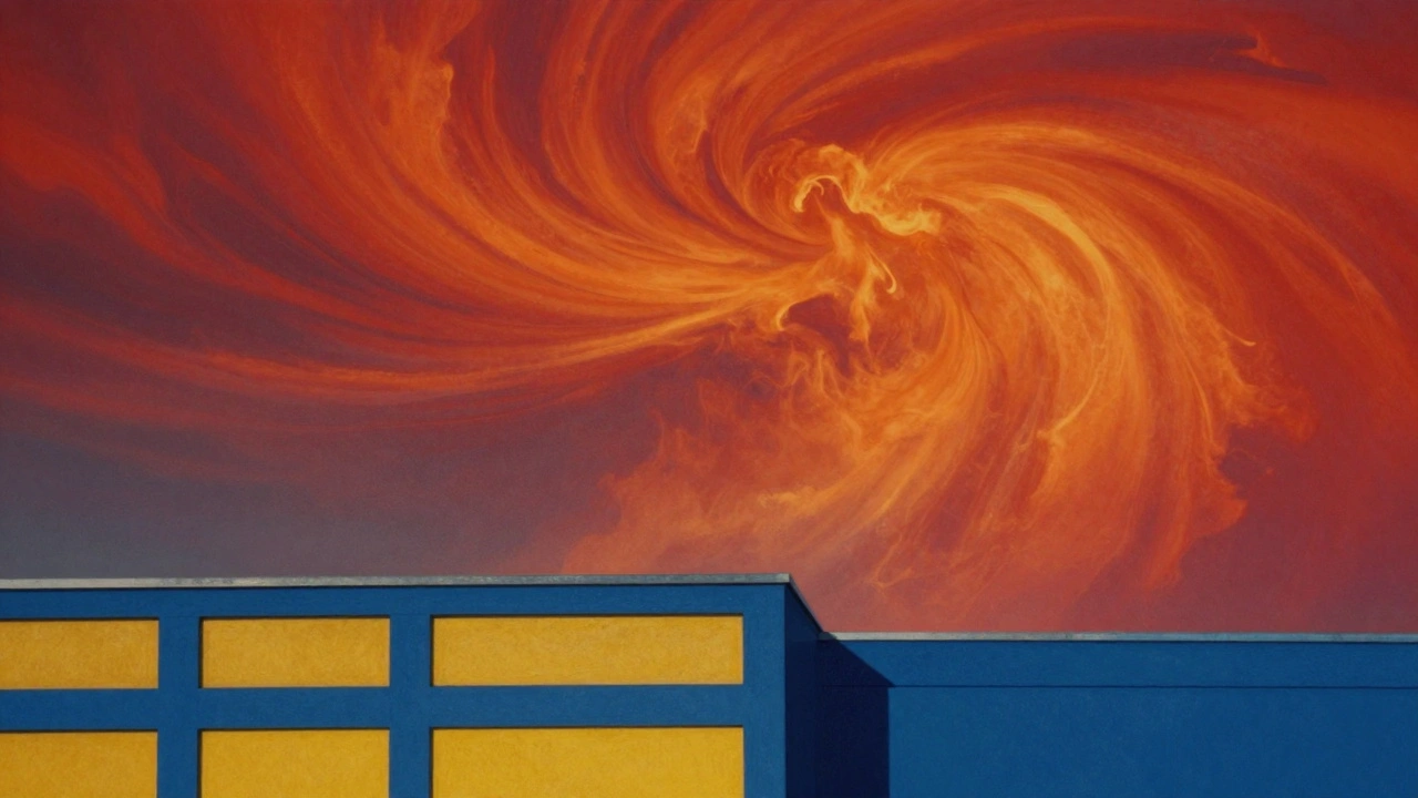 Swirling red and orange abstract art blended with color blocks