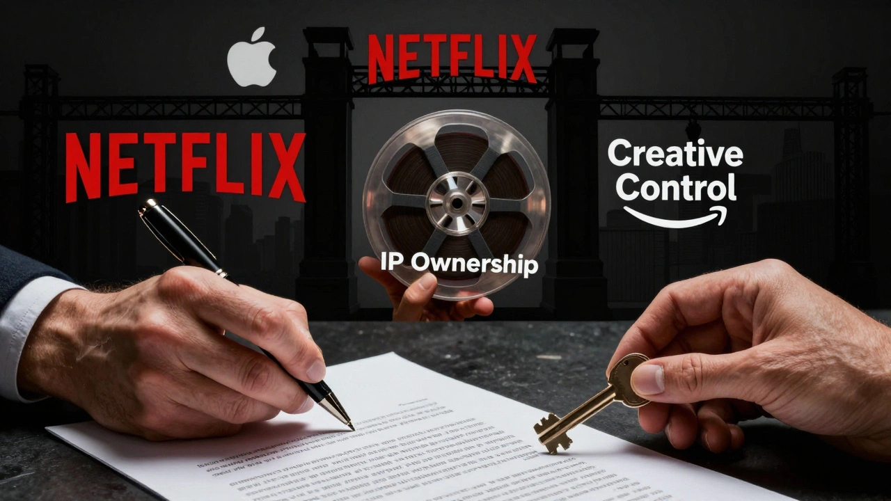 Symbolic hands signing a contract, holding a film reel and a key, with streaming platform logos looming in the background as gates.