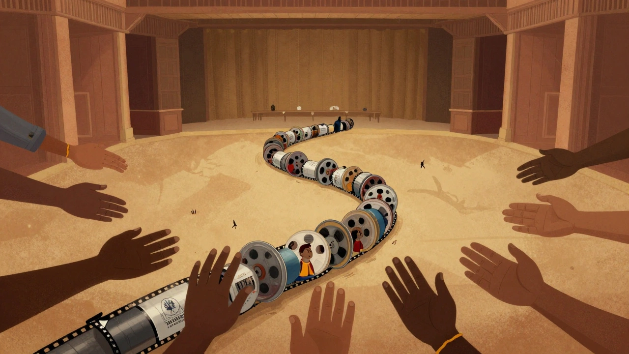 Symbolic pipeline of global film stories flowing into a festival theater, representing inclusion.