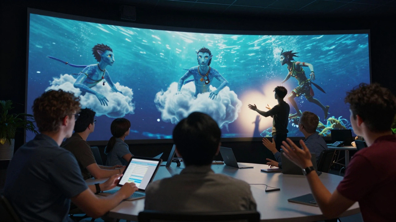 Team collaborating around an LED wall displaying real-time underwater animation, adjusting lighting and camera in unison.