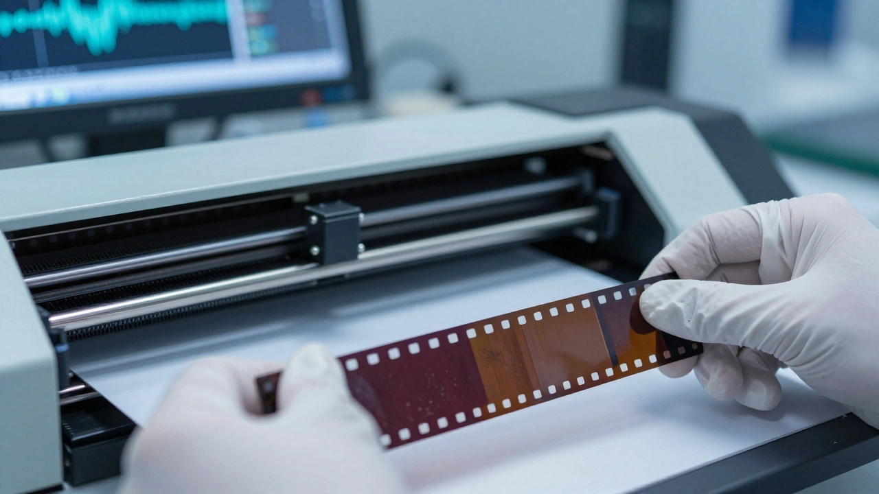 Technician handling fragile film strip in lab