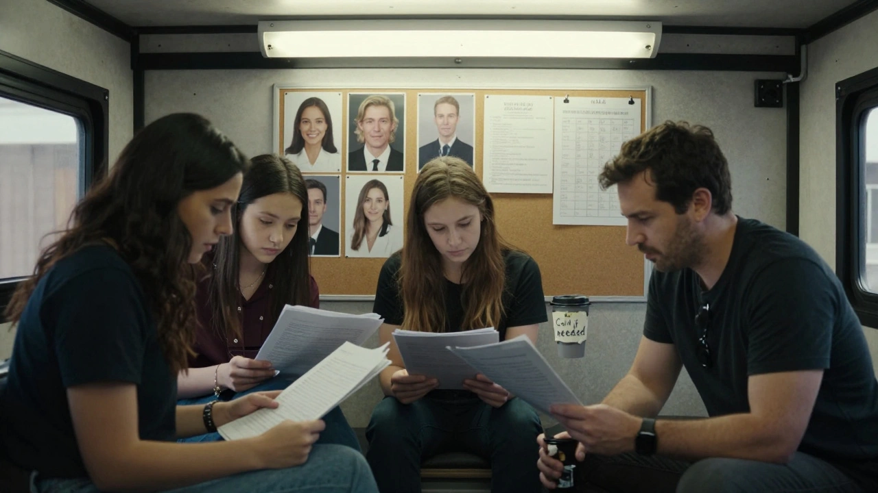 Three backup actors review scripts in a trailer, with headshots and calendars pinned to a corkboard behind them.