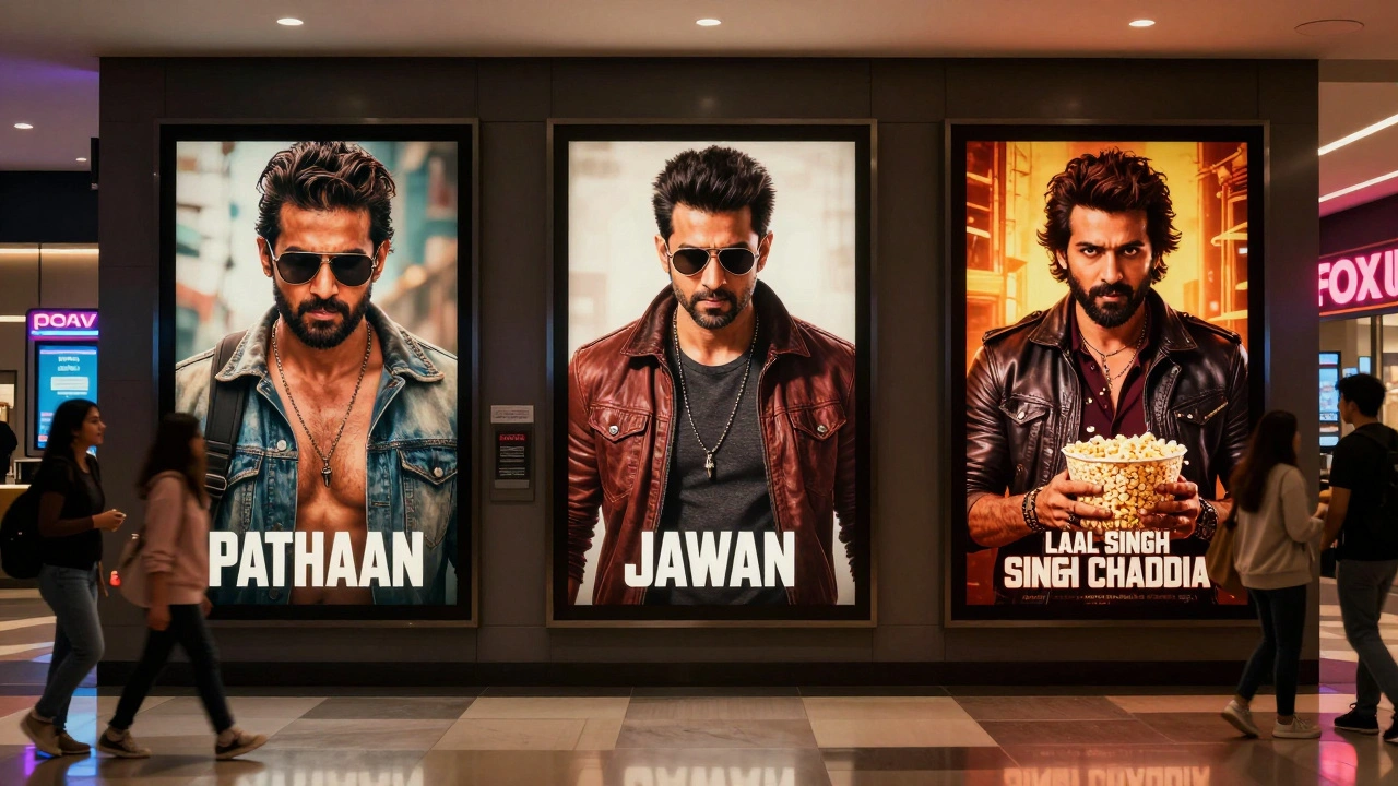 Three Bollywood film posters in a Toronto theater lobby with multilingual ticket options and diverse viewers.