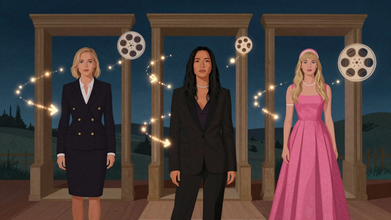 Three groundbreaking female directors represented by cinematic portals of their iconic films, surrounded by glowing film reels.