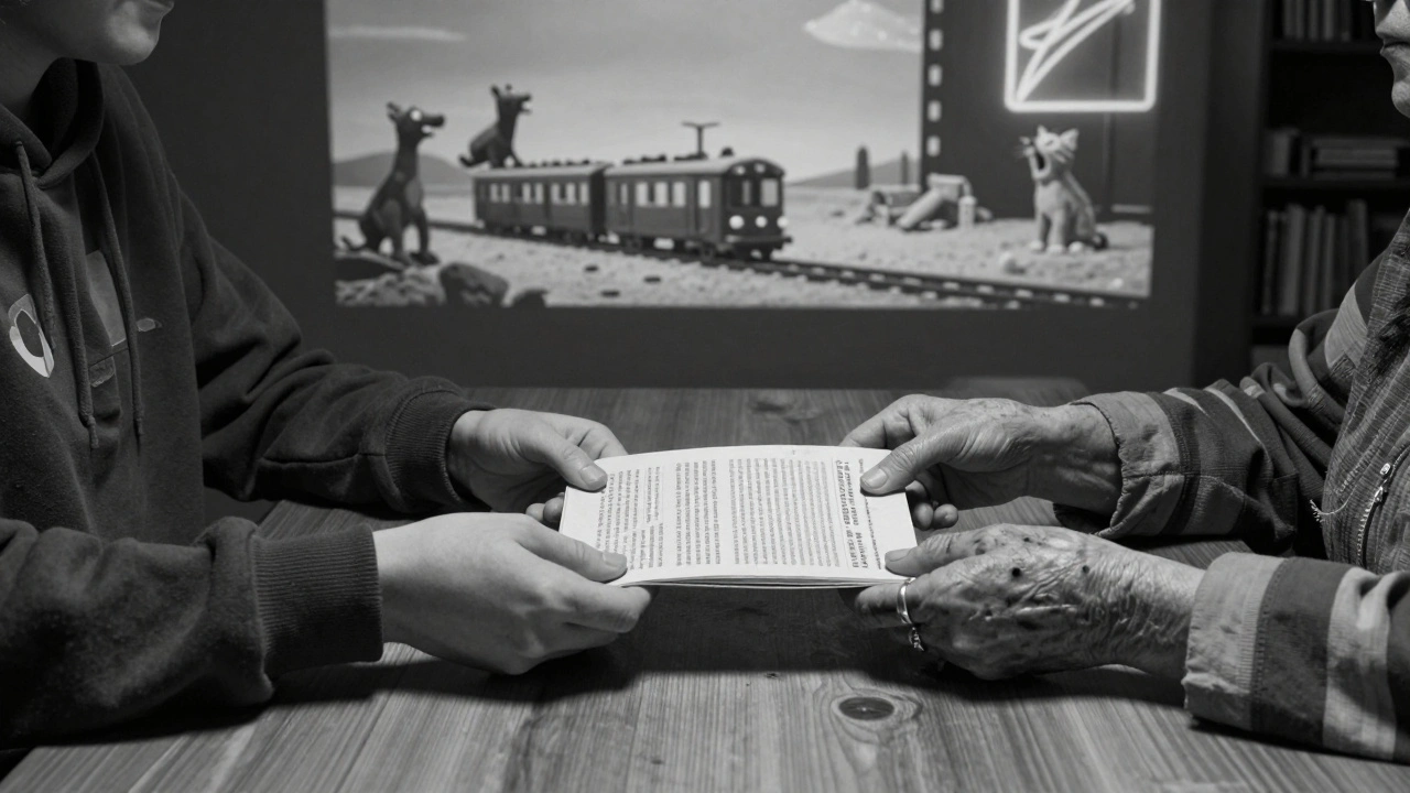 Three hands from different lives pass a single zine as projected film scenes flicker faintly on the wall behind them.