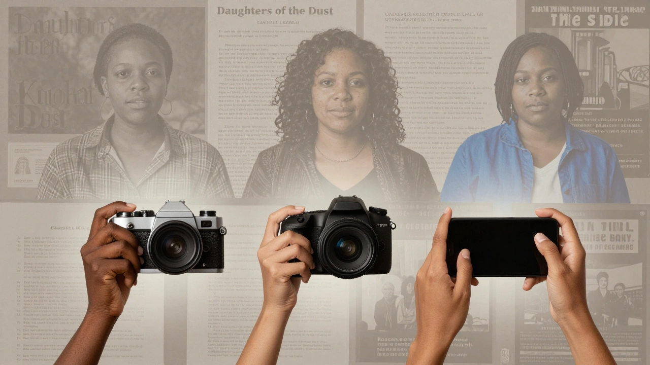 Three hands holding different cameras, with faint film scenes floating behind them, symbolizing grassroots filmmaking by women of color.