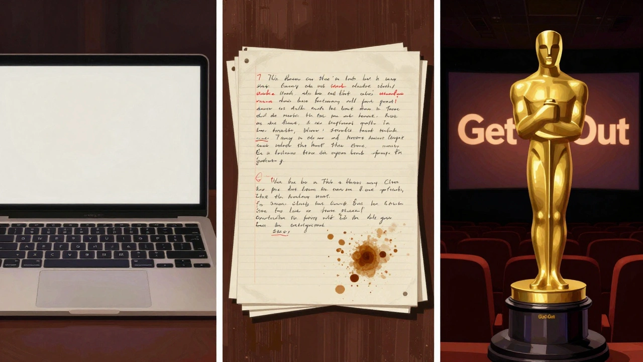 Three-panel illustration showing a blank script, annotated pages, and a golden Oscar reflecting a famous film title.