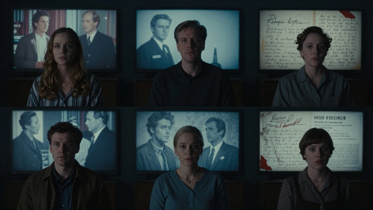 Three people in different locations quietly watching the same obscure 1959 Polish film, each with archival overlays.