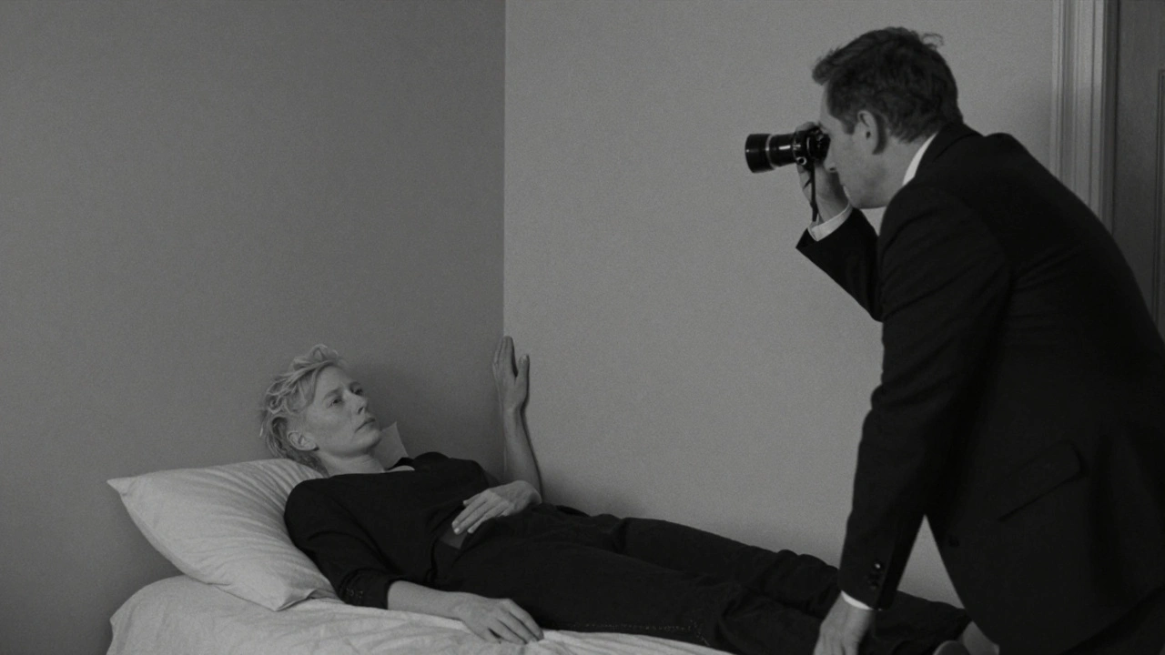 Tilda Swinton lies in a black-and-white bedroom, gazing into silence as director watches from just outside frame.