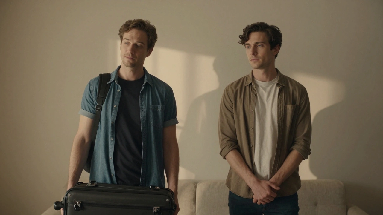 Two actors share a silent chemistry read as one packs a suitcase, emotional connection palpable.