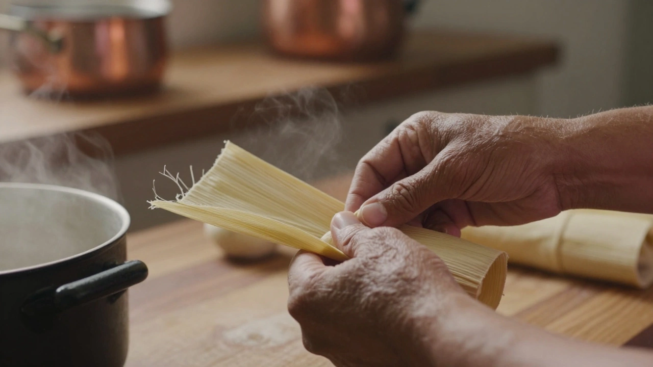 Two hands gently wrap tamales together, steam rising in the warm light of a kitchen.