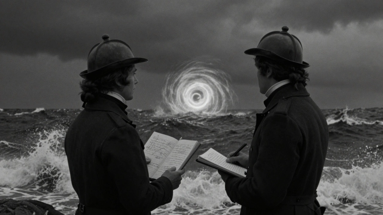 Two lighthouse keepers in a storm, one gazing into a glowing ocean vortex, the other holding a frantic journal.