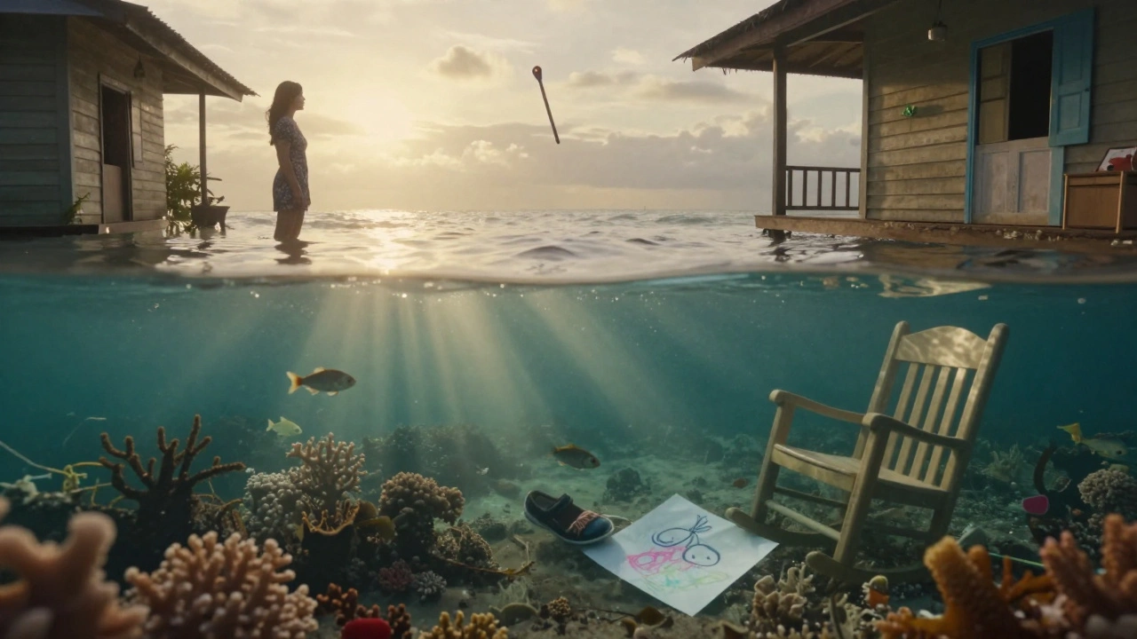 Underwater, a child's belongings drift through a flooded room filled with coral and fish.