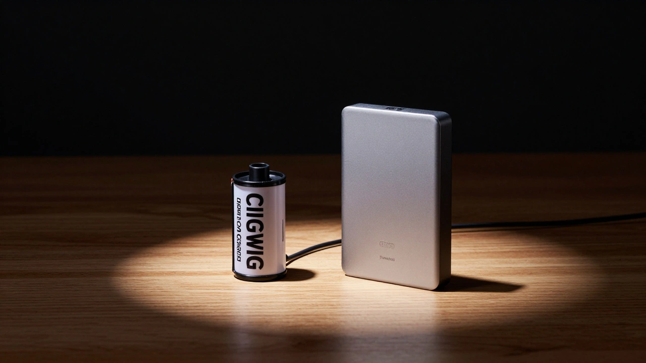 Vintage film reel beside modern hard drive storage.