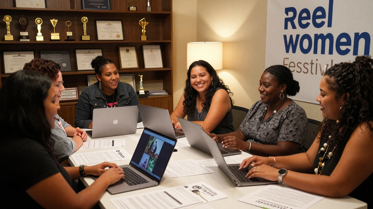 Women of color filmmakers reviewing a sci-fi short film during a Reel Women festival mentorship session.