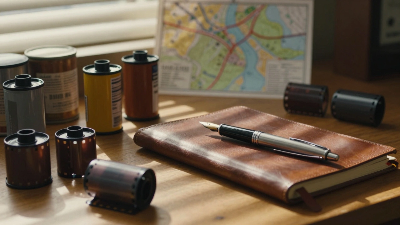 Wooden desk with vintage film canisters, a pen, and 35mm strips under warm sunlight.
