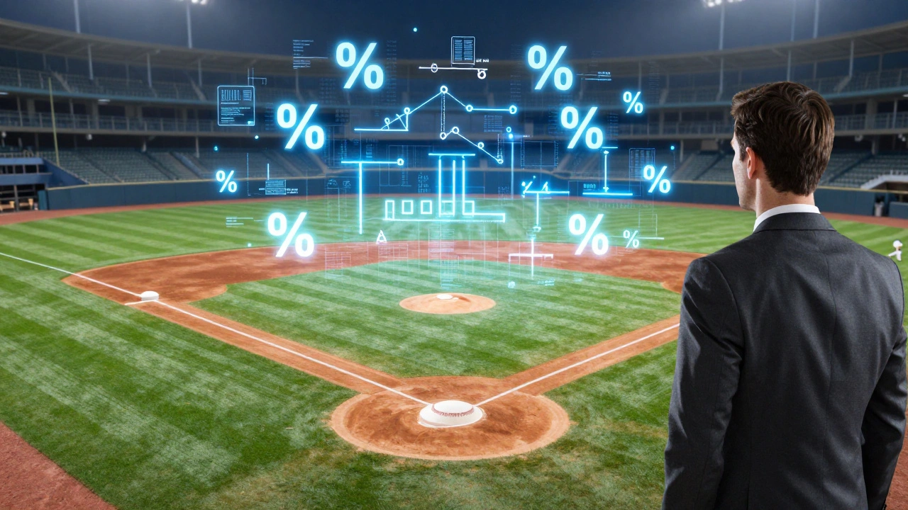 A baseball field merged with holographic data and mathematical equations.