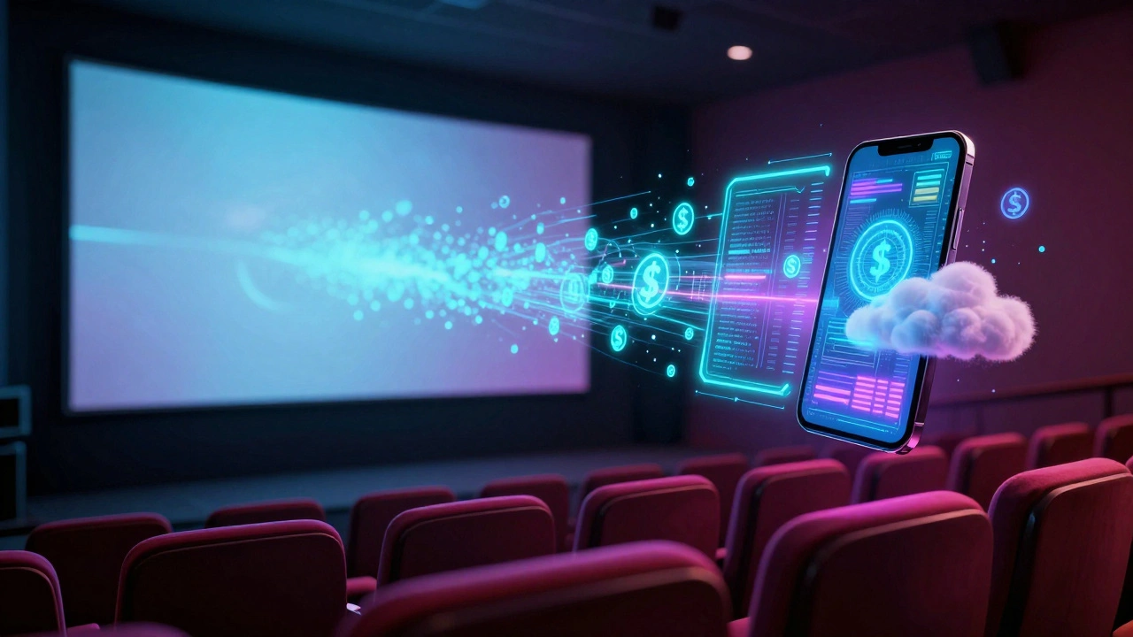 A cinema screen transitioning into digital devices with flowing glowing data and currency symbols.