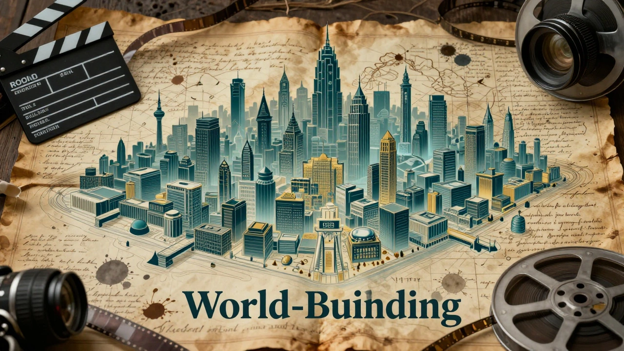 A cinematic blueprint and film equipment layered over an ancient ink map.