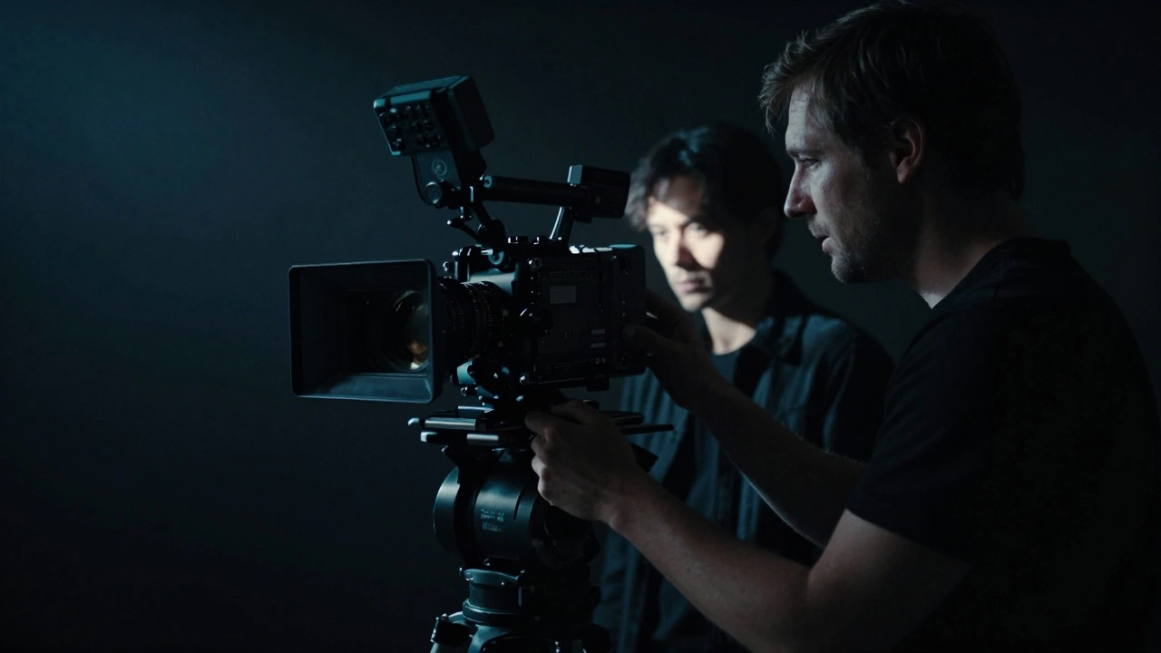 A cinematographer adjusting a camera on a dark movie set with high-contrast lighting.