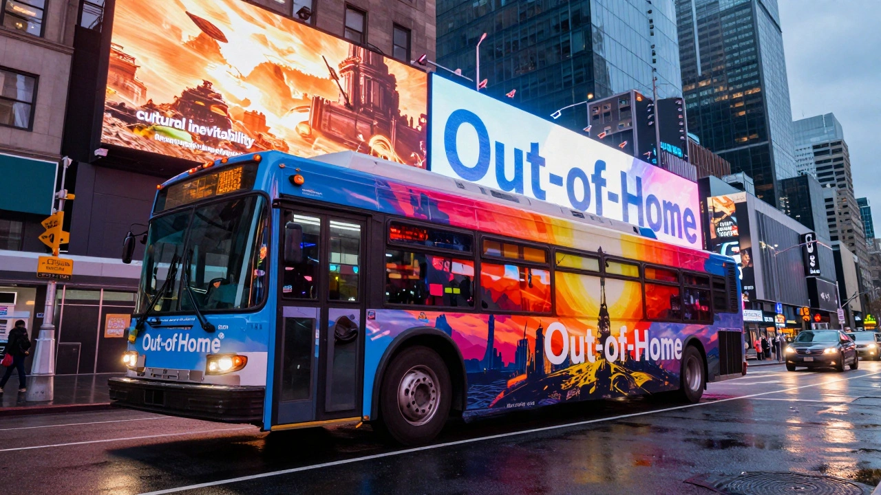 A city bus and digital billboard in New York City featuring a large sci-fi movie advertisement.