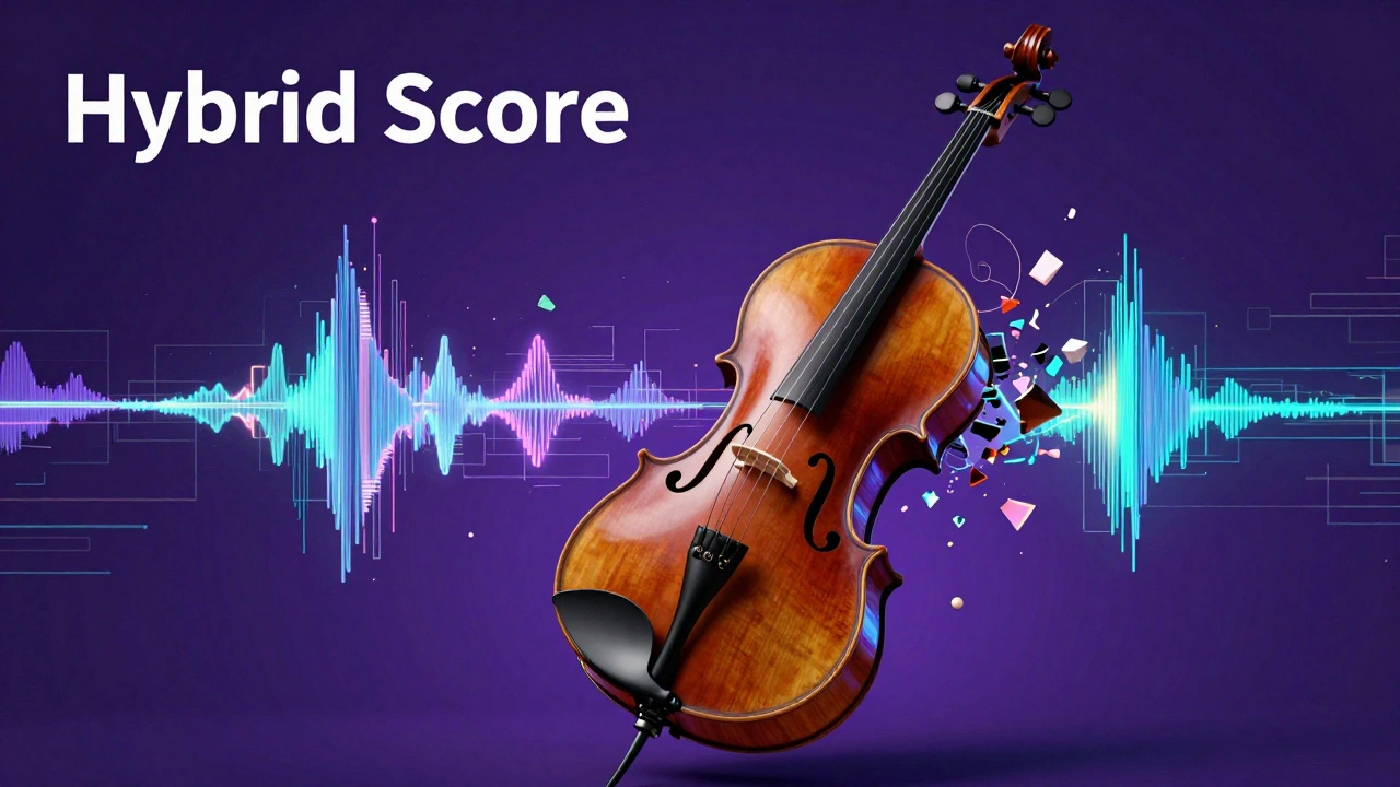 A classical cello transforming into digital neon waveforms and electronic circuitry