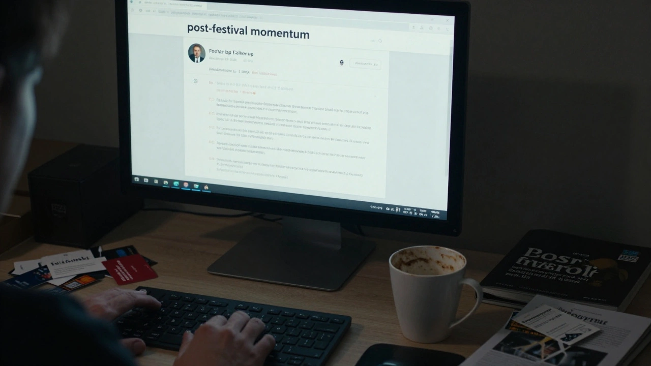 A close-up of a filmmaker sending a professional follow-up email at a desk at night