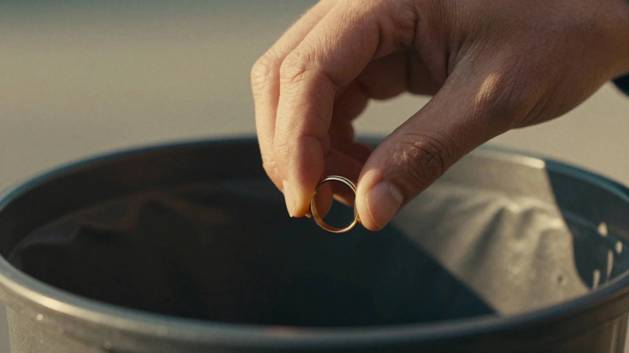 A close-up of a hand dropping a wedding ring into a bin, representing a final emotional resolution.