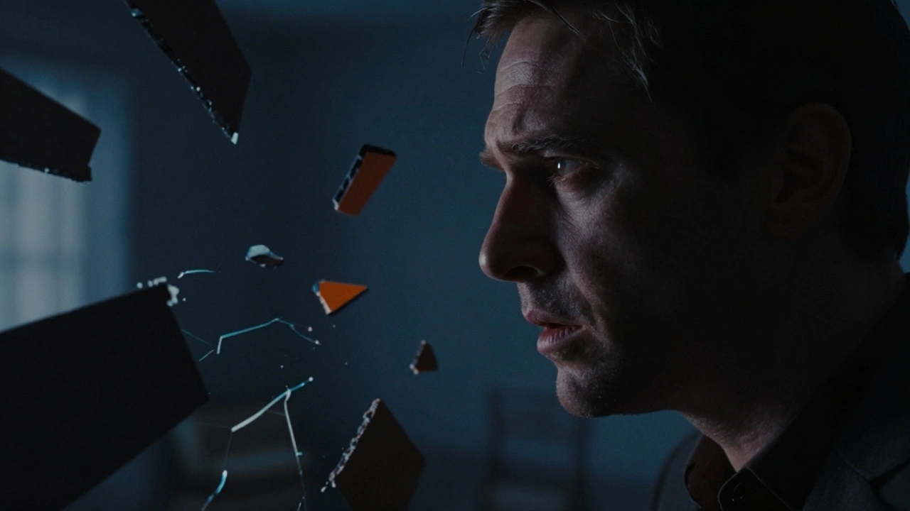 A close-up of a man in a surreal, fragmented environment reflecting internal conflict.