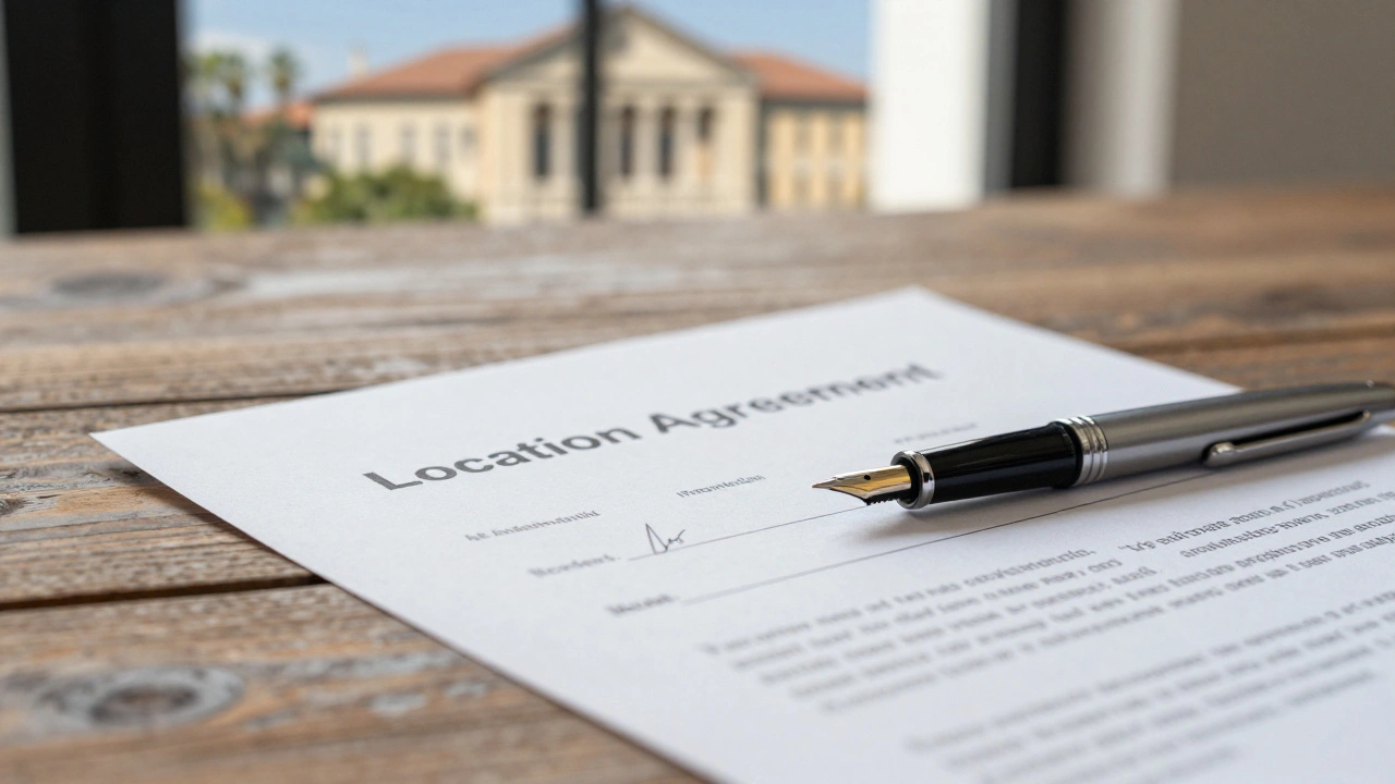 A close-up of a signed film location agreement on a wooden table.
