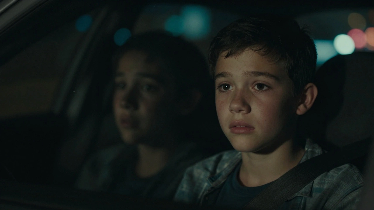 A close-up reflection of a teenager's face in a car window with neon city lights.