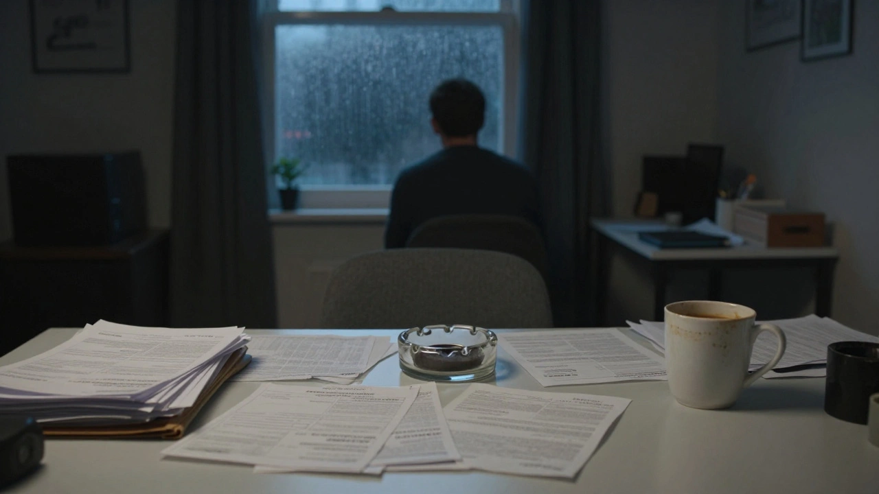 A cluttered desk with unpaid bills and cold coffee in a dim room, showing a character's mental state visually.