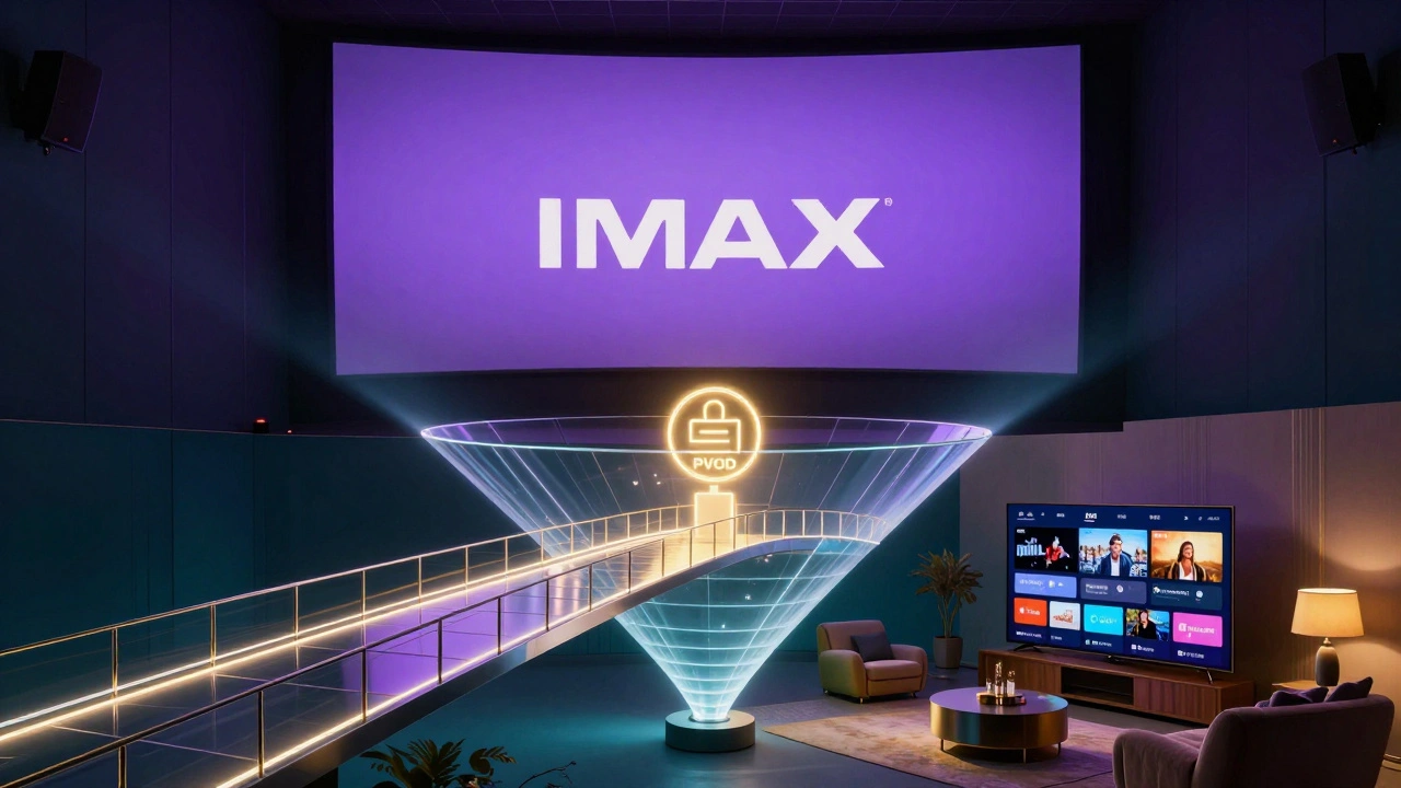 A conceptual glowing bridge connecting a cinema screen to a home streaming setup.