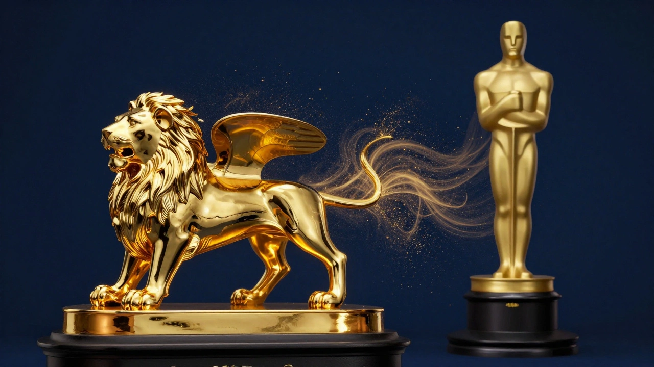 A conceptual image showing a Golden Lion trophy transforming into an Oscar statuette through golden light.