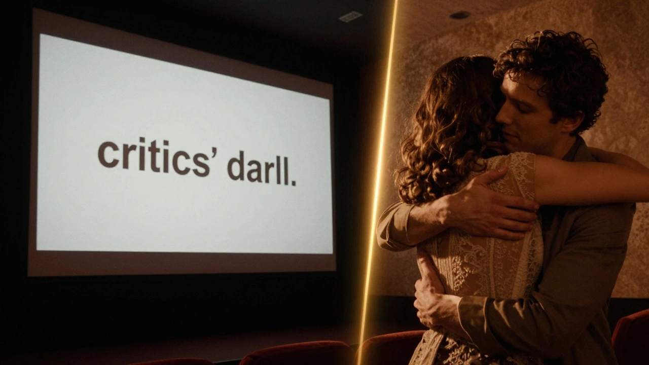 A contrast between an experimental film projection and a traditional cinematic scene.