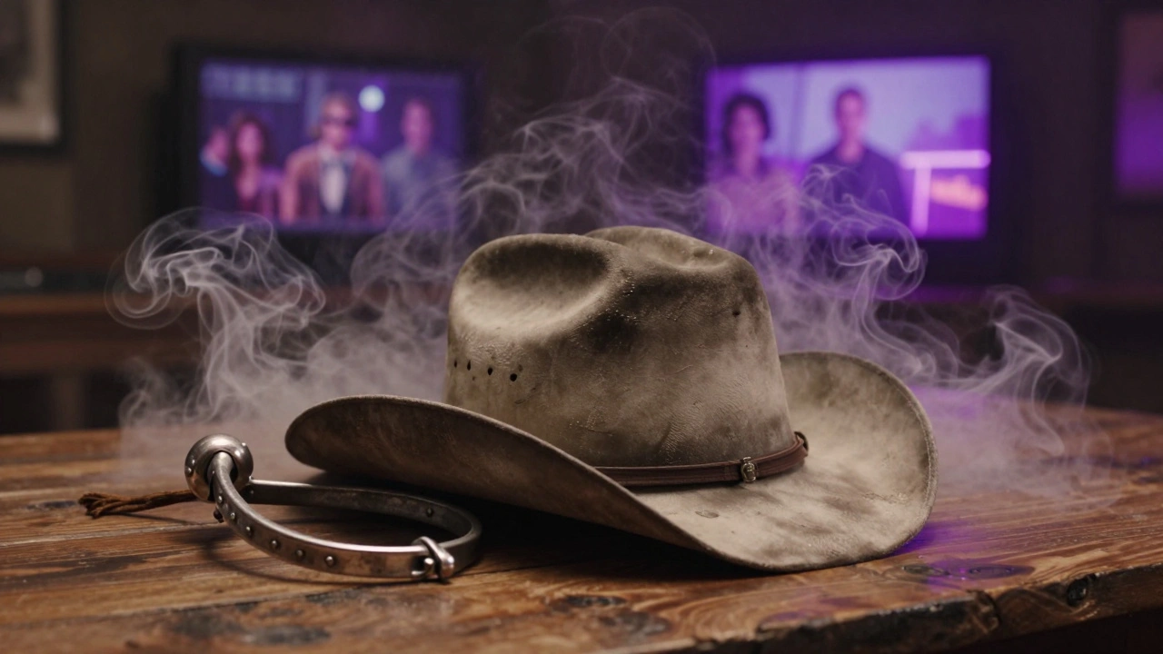 A cowboy hat and spurs surrounded by neon smoke, representing cinematic tropes of the Old West.