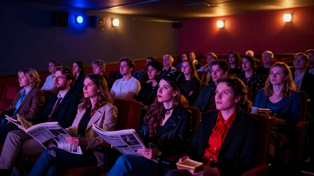 A crowd of fans in costumes at a midnight movie screening in a vintage cinema.