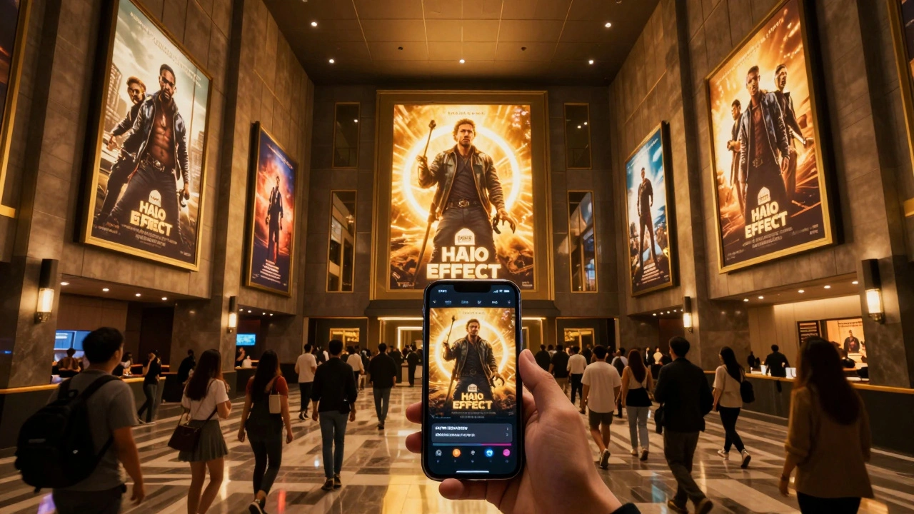 A crowded modern cinema lobby with glowing movie posters and a smartphone in the foreground.