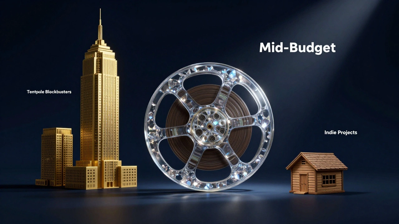 A delicate glass cinema reel sculpture between a giant gold skyscraper and a small wooden shack.