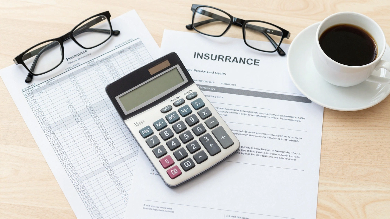 A desk with a budget spreadsheet, calculator, and insurance papers for a film project.