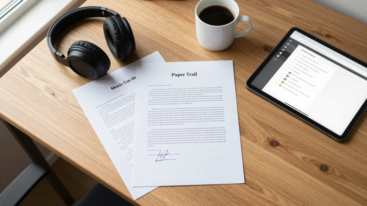 A desk with a signed music license contract and a music cue sheet.