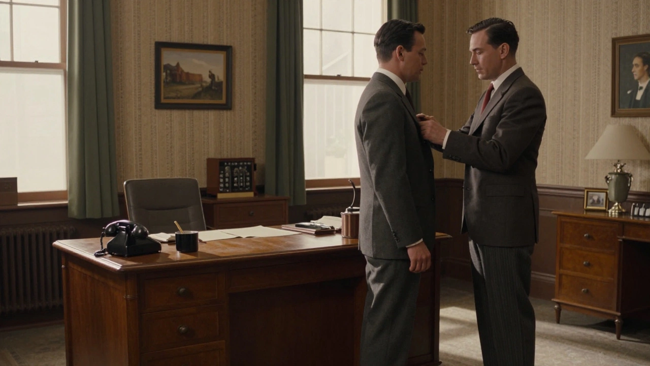 A detailed 1950s movie set with authentic period furniture and a costume designer.