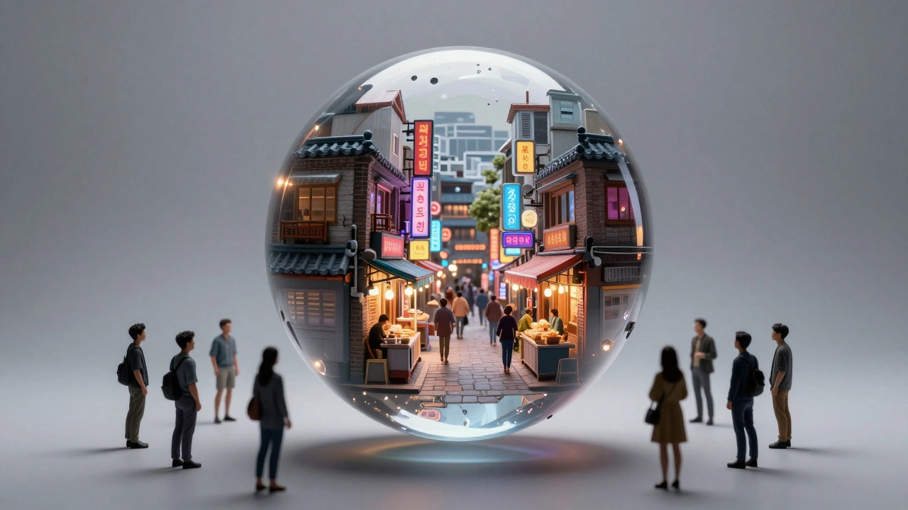 A detailed miniature of a Seoul street inside a crystal sphere viewed by a global audience.