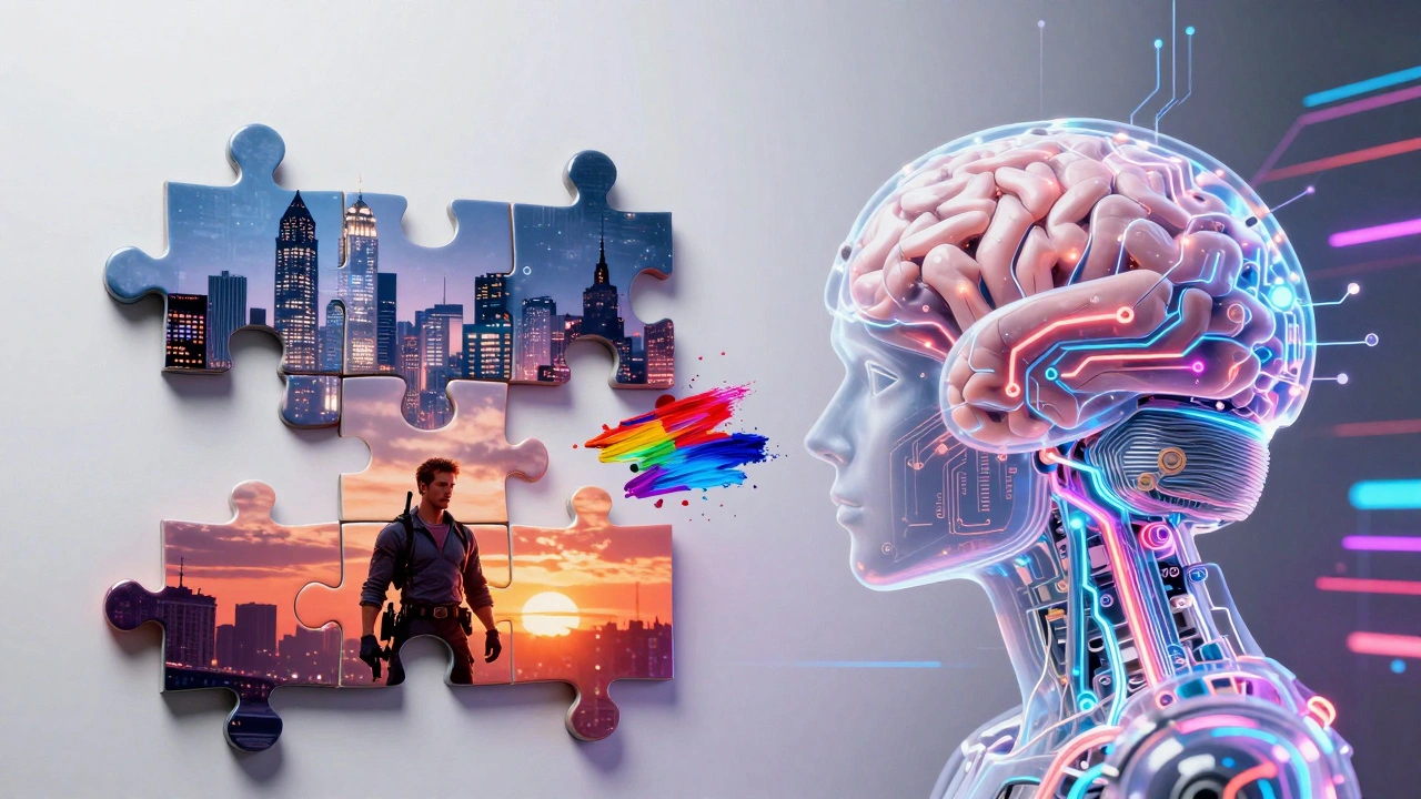 A digital brain assembling a generic movie scene with colorful art breaking through.