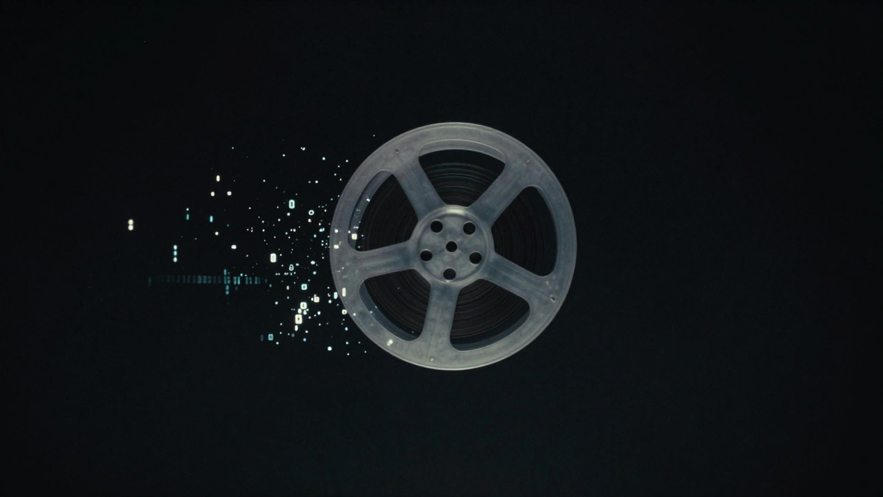A digital film reel dissolving into pixels against a dark, infinite background.